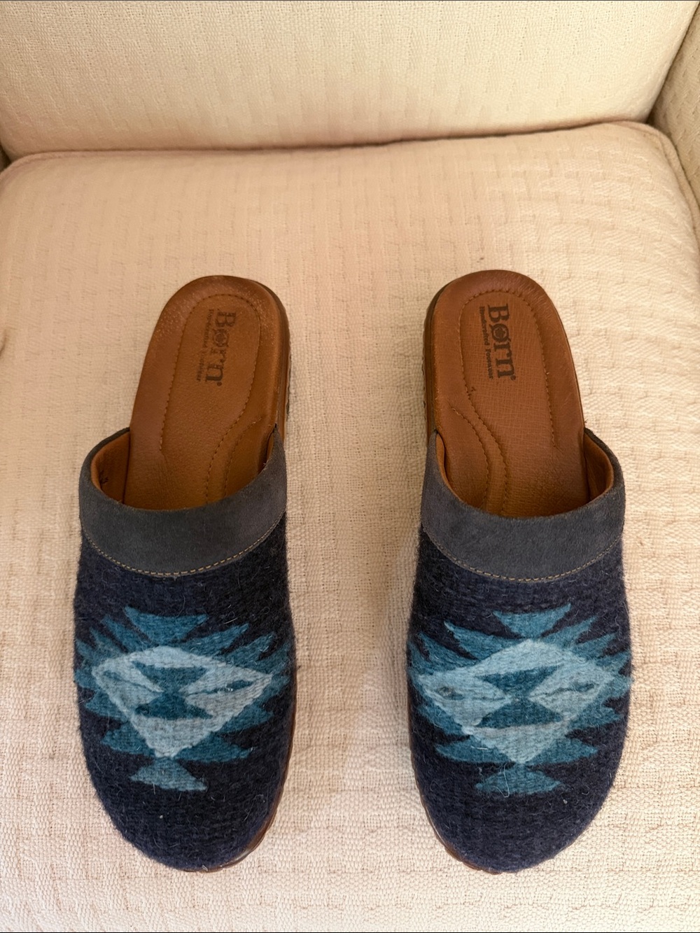 Born Navy Slip-On Clogs with Turquoise Geometric Pattern suede trim.
